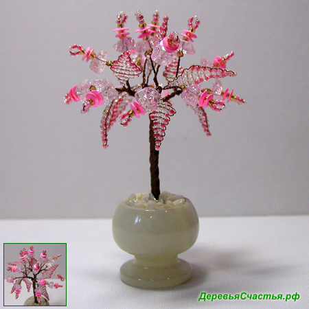 Миниатюрное дерево из розового кварца в вазочке из оникса