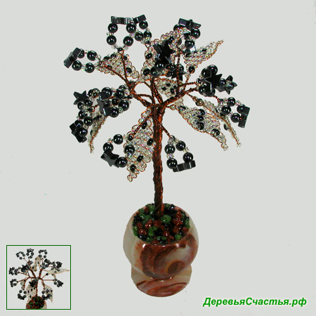 Миниатюрное дерево счастья из гематита в вазочке из оникса
