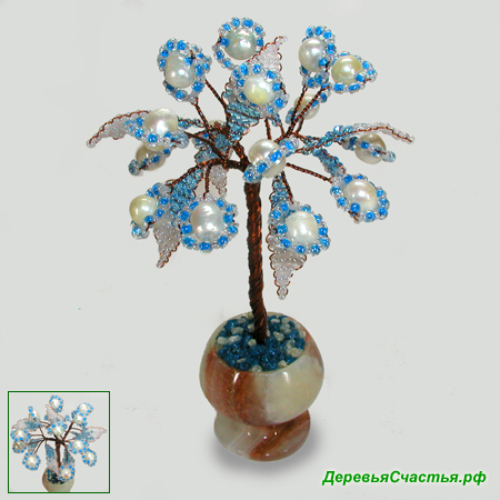 Миниатюрное дерево счастья из белого жемчуга в вазочке из оникса