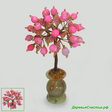 Дерево любви из бисера и розового агата в вазочке из оникса