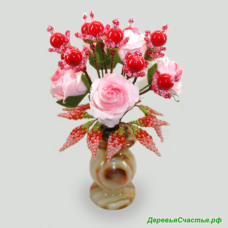 Цветок Женское счастье из коралла в вазочке из оникса