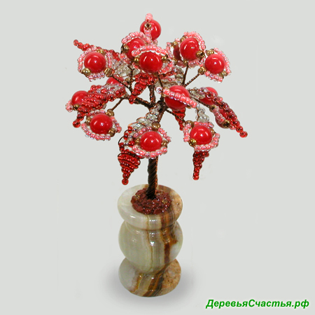 Миниатюрное дерево из красного коралла Любовное в вазочке из оникса