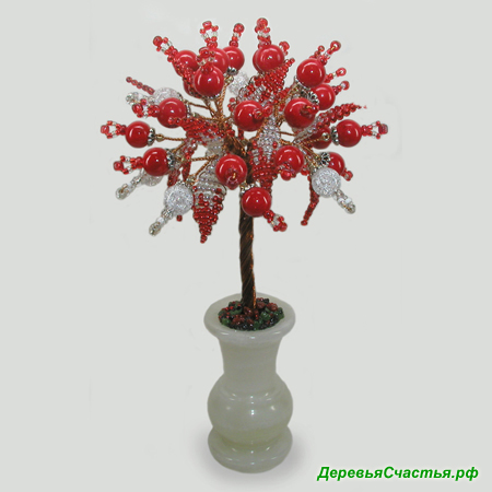 Дерево из коралла и горного хрусталя Красное и белое в вазочке из оникса