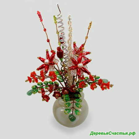 Аленький цветочек из бисера и камней коралла, хризолита и нефрита
