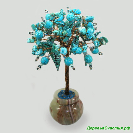 Цветущее дерево из бирюзы в вазочке из оникса