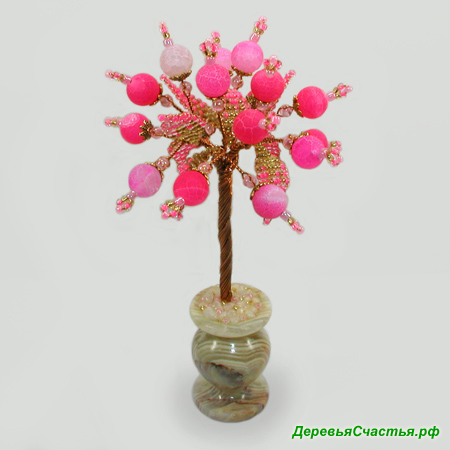 Миниатюрное дерево счастья из розового агата в вазочке из оникса