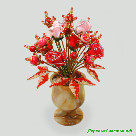Цветы из коралла и родонита Цветы любви в вазочке из оникса