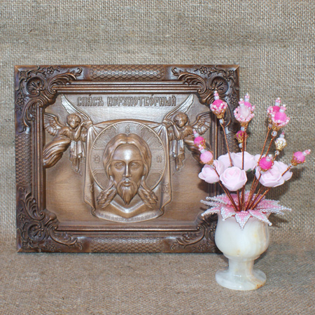 Купить композицию икону «Спас Нерукотворный» и цветы из агата