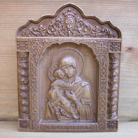 Резная икона в киотной рамке миниатюрная «Пресвятая Богородица «Владимирская»
